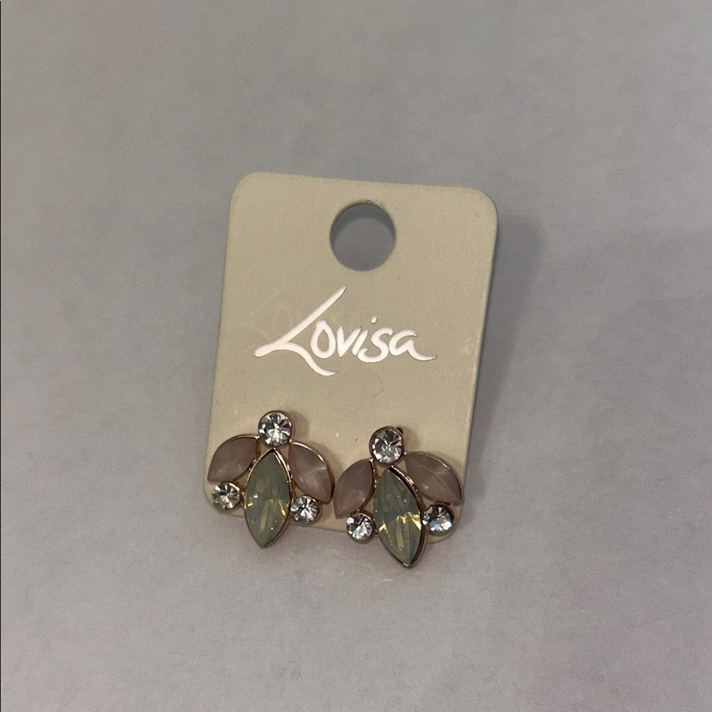 Pink and Gold Crystal Leaf Stud Earrings